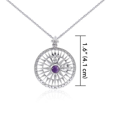 Silver Compass Rose Gemstone Pendant and Chain Set TSE764 - Jewelry